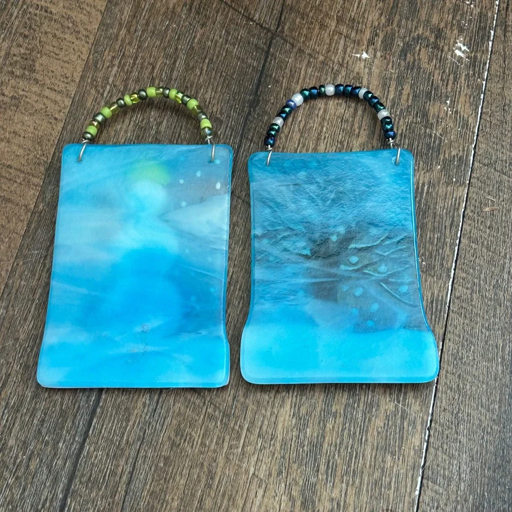 Handmade Fused Glass Winter Snowman and Tree Ornaments Suncatchers Set of 2 Blue